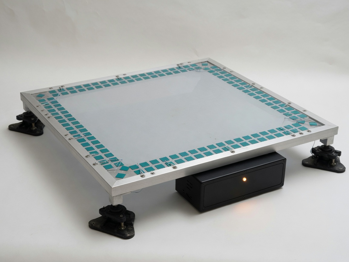 RP0 energy pump — resonance harvester membrane pad with perimeter piezo patches and amber status LED